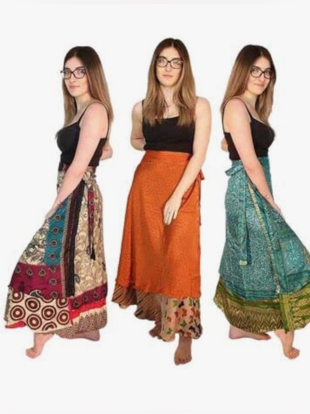 Darn Good Yarn  Sari Wrap Skirt, teal, pink, gold, INDIA maxi skirt 14/32